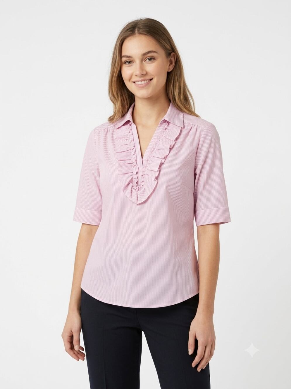 Caryn Lawn Blouse Top Womens XL Pink White Striped Ruffle V-Neck Short Sleeve